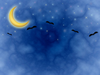Obraz na płótnie Canvas halloween night blue cloudy background with moon stars bats