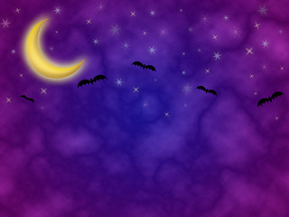 Obraz na płótnie Canvas halloween night purple cloudy background with moon stars bats