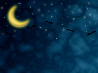 Obraz na płótnie Canvas halloween night dark blue cloudy background with moon stars bats