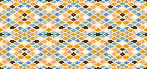 Ikat geometric folklore ornament with diamonds. Tribal ethnic vector texture. Seamless striped pattern in Aztec style. Folk embroidery. Indian, Scandinavian, Gypsy, Mexican, African rug.