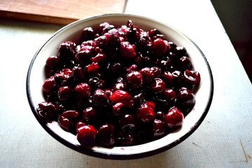 cherries in a bowl, making jam, close-up