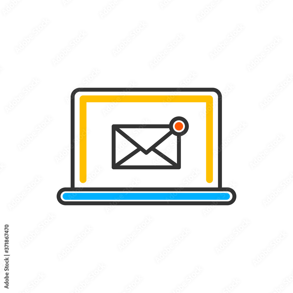 Poster email notification. new message on a laptop screen. unread message. letter. vector color icon.