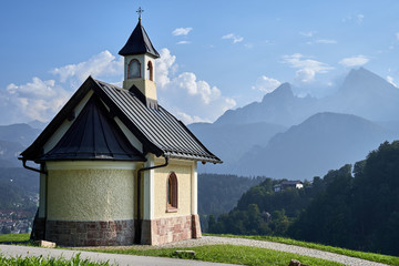 Kirchleitn chapel with mount Watzmann in the background in Berchtesgaden, Bavaria, Germany