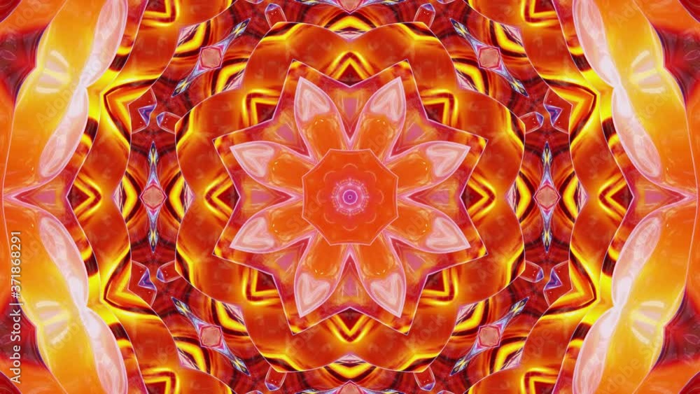 Poster stylish 3d looped abstract bg with wavy structure. liquid symmetrical red yellow pattern like kaleid