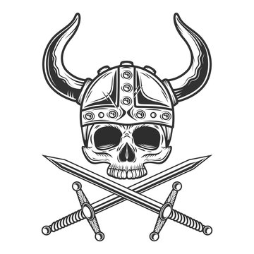 Skull in viking helmet with horns and crossed swords in vintage monochrome style isolated illustration