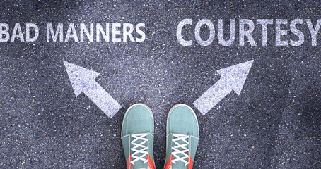 Bad manners and courtesy as different choices in life - pictured as words Bad manners, courtesy on a road to symbolize making decision and picking either one as an option, 3d illustration