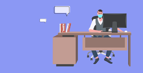 businessman in mask sitting at workplace social distancing coronavirus epidemic protection self isolation remote work concept office interior horizontal full length vector illustration