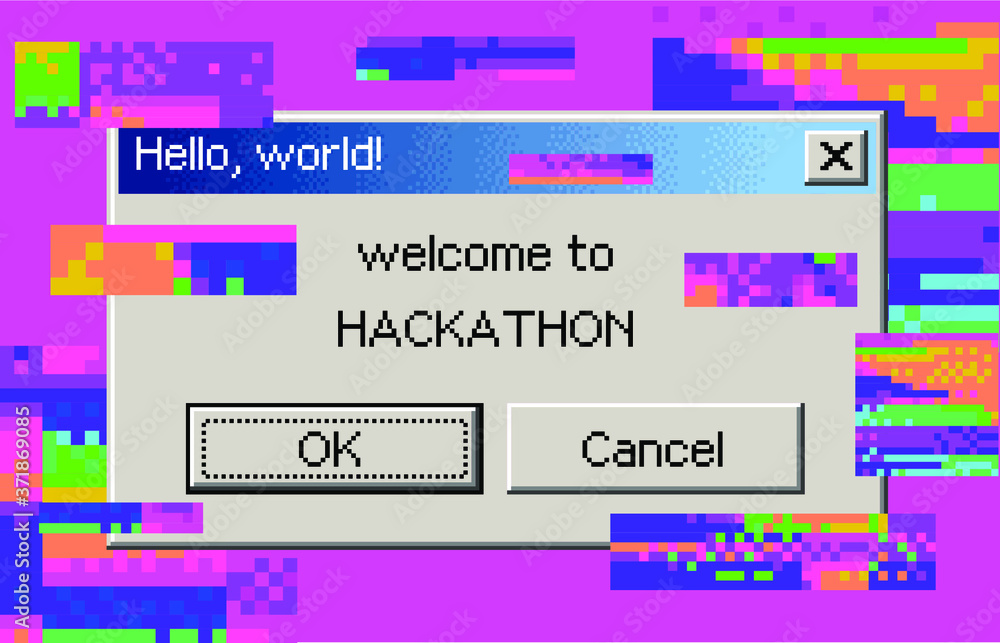 Poster Retro user interface with window message box. Vaporwave and cyberpunk style cover for Hackathon event.
