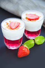Italian dessert panna cotta with strawberries