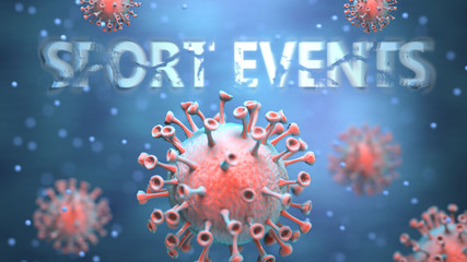 Covid and sport events, pictured as red viruses attacking word sport events to symbolize turmoil, global world problems and the relation between corona virus and sport events, 3d illustration