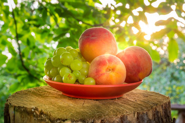 Still life of peach and grapes in the sun on wooden table after harvest