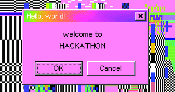 Retro user interface with window message box. Vaporwave and cyberpunk style cover for Hackathon event.