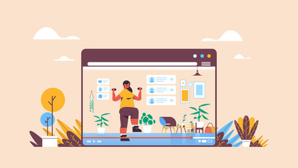 fitness blogger doing exercises with dumbbells recording online video blog live streaming blogging concept girl vlogger in web browser window horizontal full length vector illustration