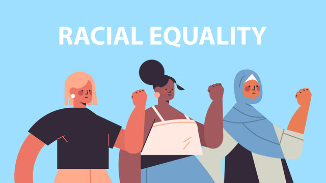 mix race women with different skin color showing fists in protest racial equality feminism tolerance art concept portrait horizontal vector illustration