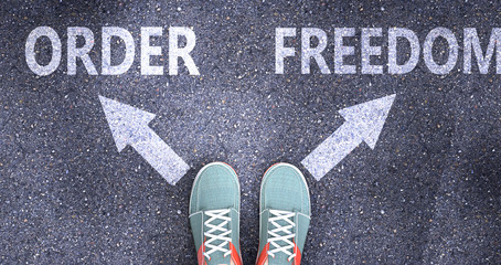 Order and freedom as different choices in life - pictured as words Order, freedom on a road to symbolize making decision and picking either Order or freedom as an option, 3d illustration