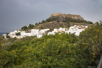 Obraz premium Lindos Acropolis and Lindos Village, Rhodes, Greece