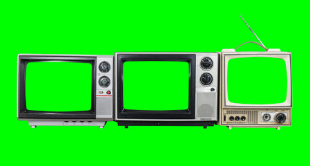 Three vintage televisions with chroma key green screens and background.