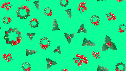 Seamless christmas pattern with lolipop candy, christmas ball, santa claus socks and hat, bow ribbon and holly berries red, white green backgorund. Cute simple flat vector, design for wrapping paper