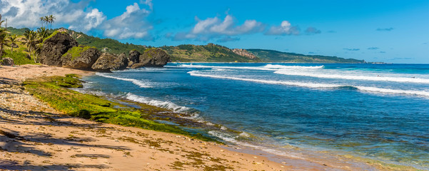A view of waves breaking on Bathsheba Beach on the Atlantic coast of Barbados