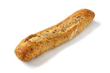 Fresh French bread with nuts and seeds on a white background