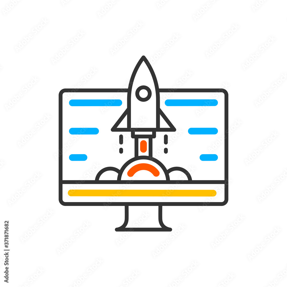 Poster computer screen with rocket line icon. vector color icon.
