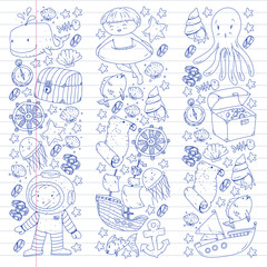 Vector icons of sea ocean adventure for little children. Nautical pattern for kids. Whale, pirates, pirate map, treasure chest, diving and fishes.
