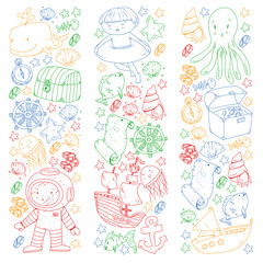 Vector icons of sea ocean adventure for little children. Nautical pattern for kids. Whale, pirates, pirate map, treasure chest, diving and fishes.