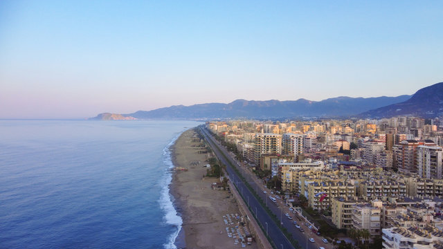 Early morning aerial view at the shore of Alanya, Antalya province, Mahmutlar.
