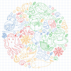 Fototapeta premium Vector icons of sea ocean adventure for little children. Nautical pattern for kids. Whale, pirates, pirate map, treasure chest, diving and fishes.