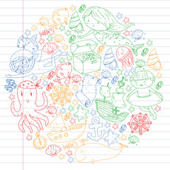 Fototapeta premium Vector icons of sea ocean adventure for little children. Nautical pattern for kids. Whale, pirates, pirate map, treasure chest, diving and fishes.