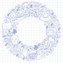 Vector icons of sea ocean adventure for little children. Nautical pattern for kids. Whale, pirates, pirate map, treasure chest, diving and fishes.