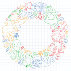 Vector icons of sea ocean adventure for little children. Nautical pattern for kids. Whale, pirates, pirate map, treasure chest, diving and fishes.