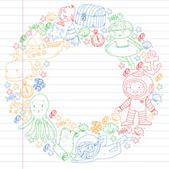 Vector icons of sea ocean adventure for little children. Nautical pattern for kids. Whale, pirates, pirate map, treasure chest, diving and fishes.