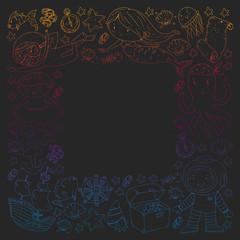 Vector icons of sea ocean adventure for little children. Nautical pattern for kids. Whale, pirates, pirate map, treasure chest, diving and fishes.