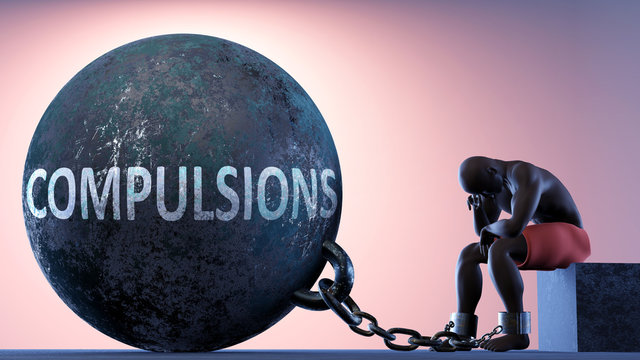 Compulsions as a heavy weight in life - symbolized by a person in chains attached to a prisoner ball to show that Compulsions can cause suffering, 3d illustration