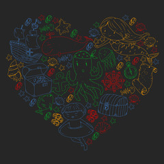 Vector icons of sea ocean adventure for little children. Nautical pattern for kids. Whale, pirates, pirate map, treasure chest, diving and fishes.