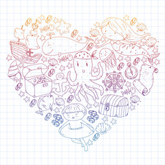 Vector icons of sea ocean adventure for little children. Nautical pattern for kids. Whale, pirates, pirate map, treasure chest, diving and fishes.