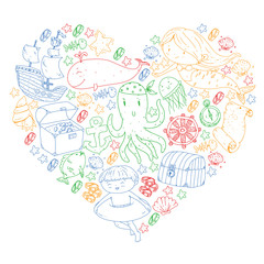 Vector icons of sea ocean adventure for little children. Nautical pattern for kids. Whale, pirates, pirate map, treasure chest, diving and fishes.