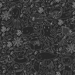 Vector icons of sea ocean adventure for little children. Nautical pattern for kids. Whale, pirates, pirate map, treasure chest, diving and fishes.