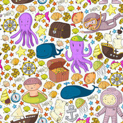 Vector icons of sea ocean adventure for little children. Nautical pattern for kids. Whale, pirates, pirate map, treasure chest, diving and fishes.
