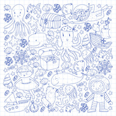 Fototapeta na wymiar Vector icons of sea ocean adventure for little children. Nautical pattern for kids. Whale, pirates, pirate map, treasure chest, diving and fishes.