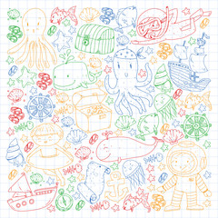 Vector icons of sea ocean adventure for little children. Nautical pattern for kids. Whale, pirates, pirate map, treasure chest, diving and fishes.