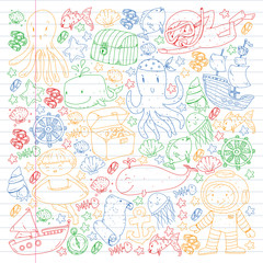Vector icons of sea ocean adventure for little children. Nautical pattern for kids. Whale, pirates, pirate map, treasure chest, diving and fishes.