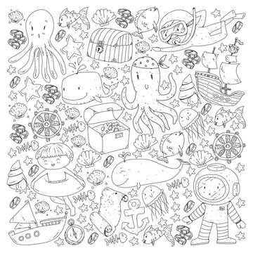 Vector icons of sea ocean adventure for little children. Nautical pattern for kids. Whale, pirates, pirate map, treasure chest, diving and fishes.