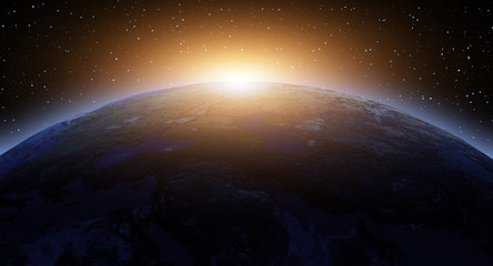 Planet Earth with a star space and sunset view 3d render illustration