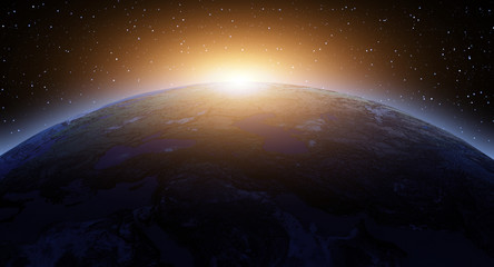 Planet Earth with a star space and sunset view 3d render illustration