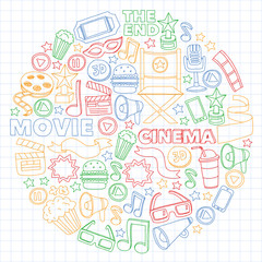 Cinema, movie, film doodles hand drawn sketchy vector symbols and objects