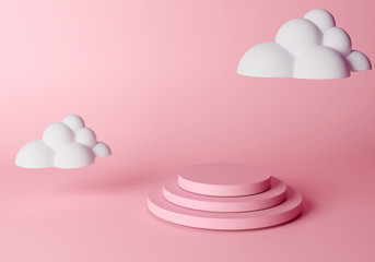 abstract background for product presentation. podium. minimal pink scene with white clouds. 3d visualization