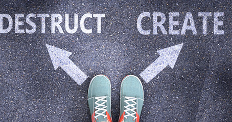 Destruct and create as different choices in life - pictured as words Destruct, create on a road to symbolize making decision and picking either Destruct or create as an option, 3d illustration