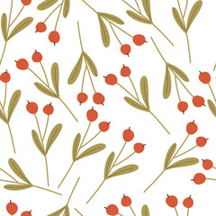 Winter twigs seamless pattern with berries on a white background. Winter mood. Vector hand drawn illustration.